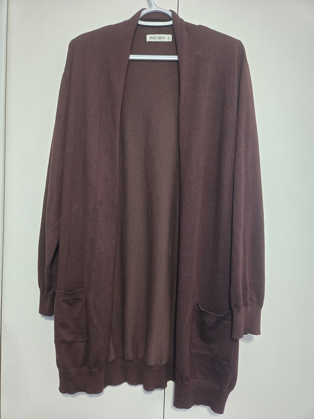 Grace Karin Brown Open Front Long Cardigan Sweater 2XL Pockets